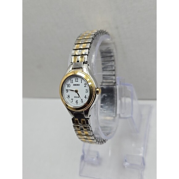 Seiko Solar Watch Womens 22mm Gold Silver Two Tone Dainty Petite V115-0AG0 Runs - Picture 2 of 12
